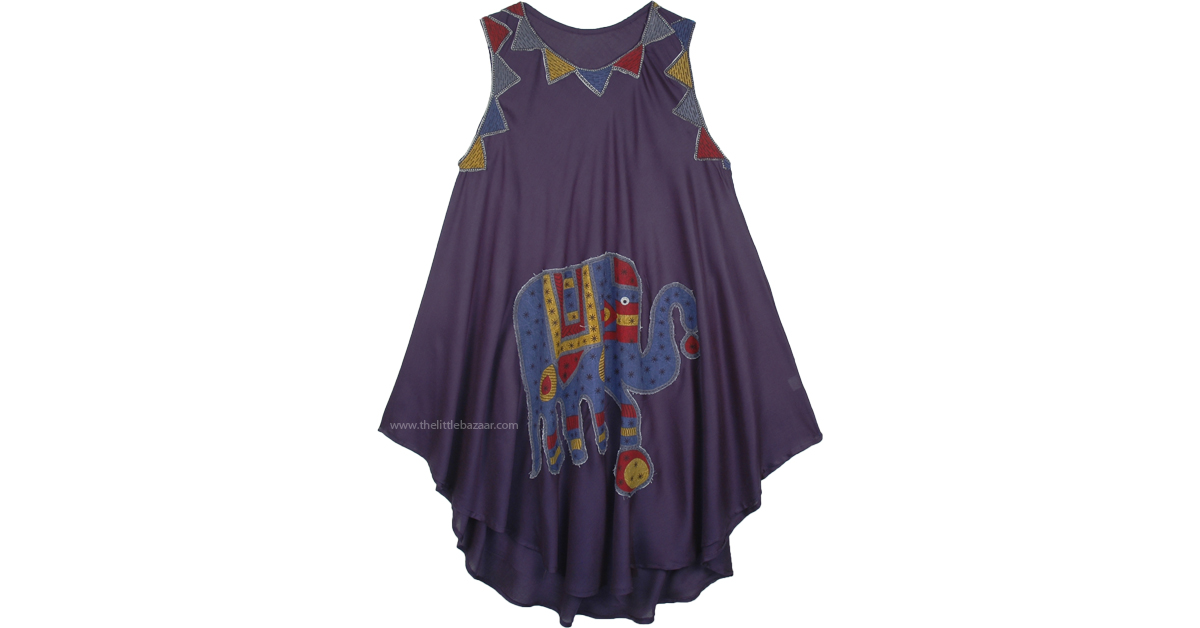 Elephant Applique Blue Sleeveless Trapeze Summer Dress Dresses Blue