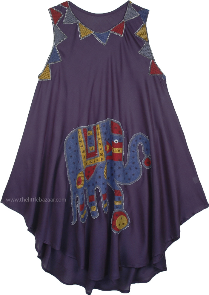 Elephant Applique Blue Sleeveless Trapeze Summer Dress