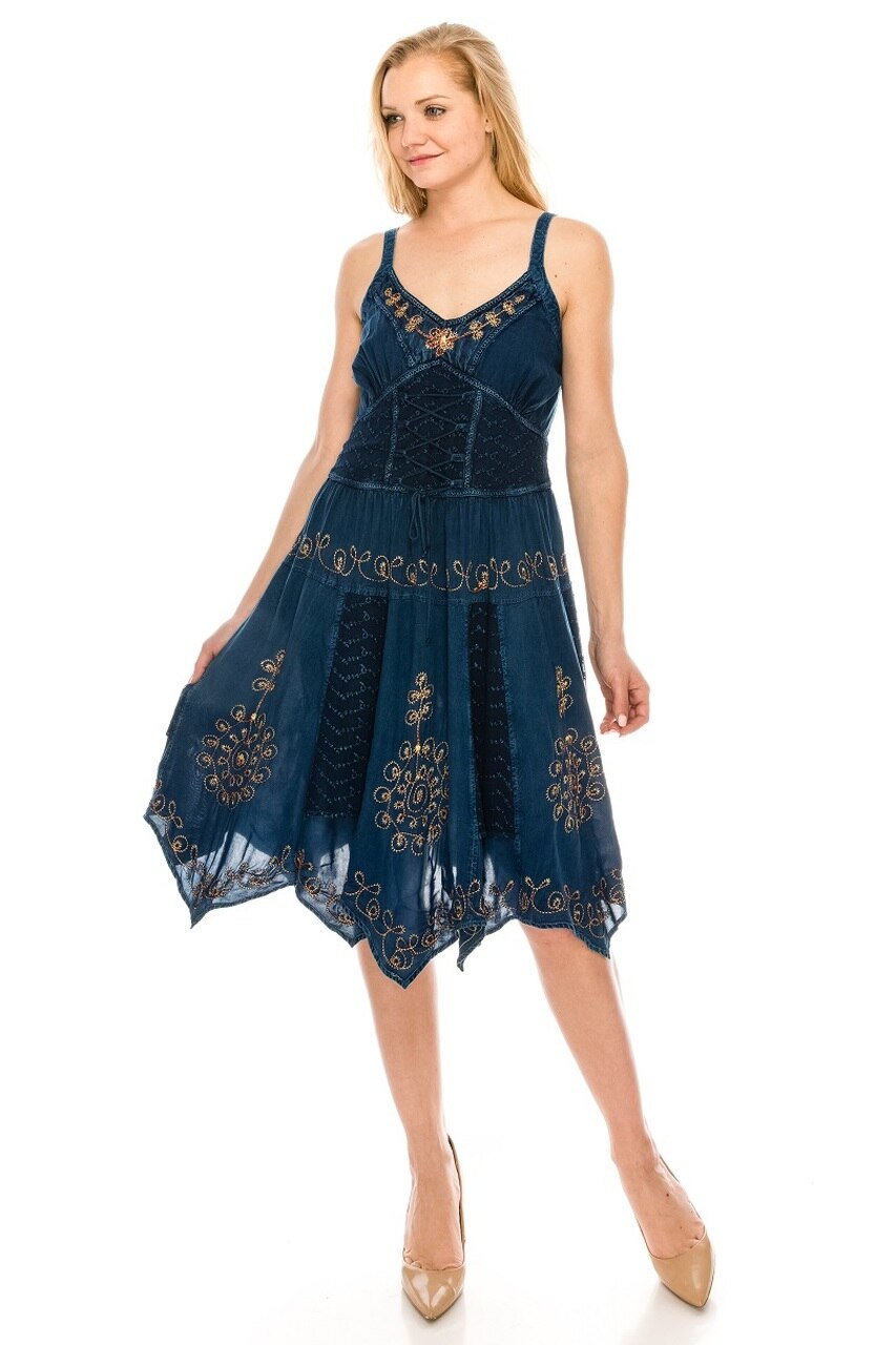 Medieval Styled Blue Western Rodeo Embroidered Dress