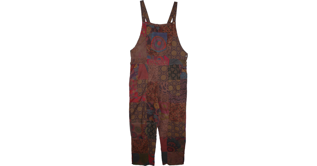 Brown Printed Patchwork Cotton Overalls Jumpsuit | Dresses | Brown ...