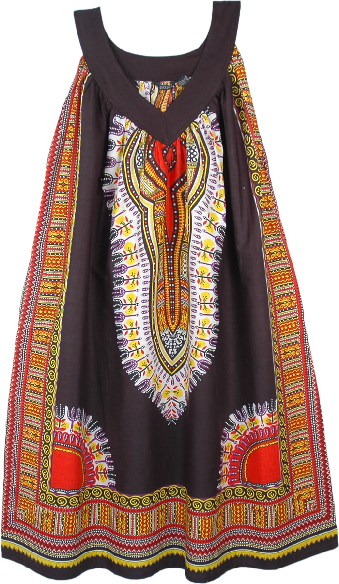 Cranberry Black Cotton Dashiki Sundress with Pockets