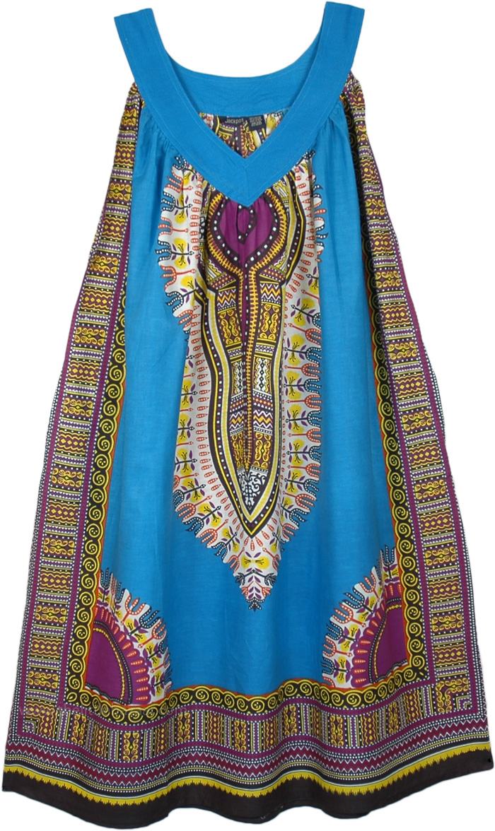 Dashiki Print Bright Blue Free Size Cotton Sundress