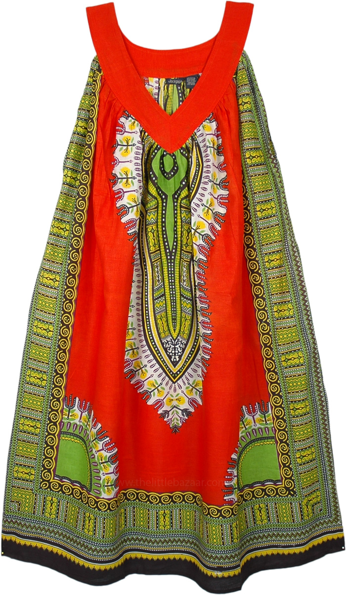 Cotton Dashiki Print Bright Orange Sundress with Pockets