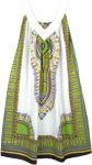 White Cotton Dashiki Sundress in Green Print with Pockets