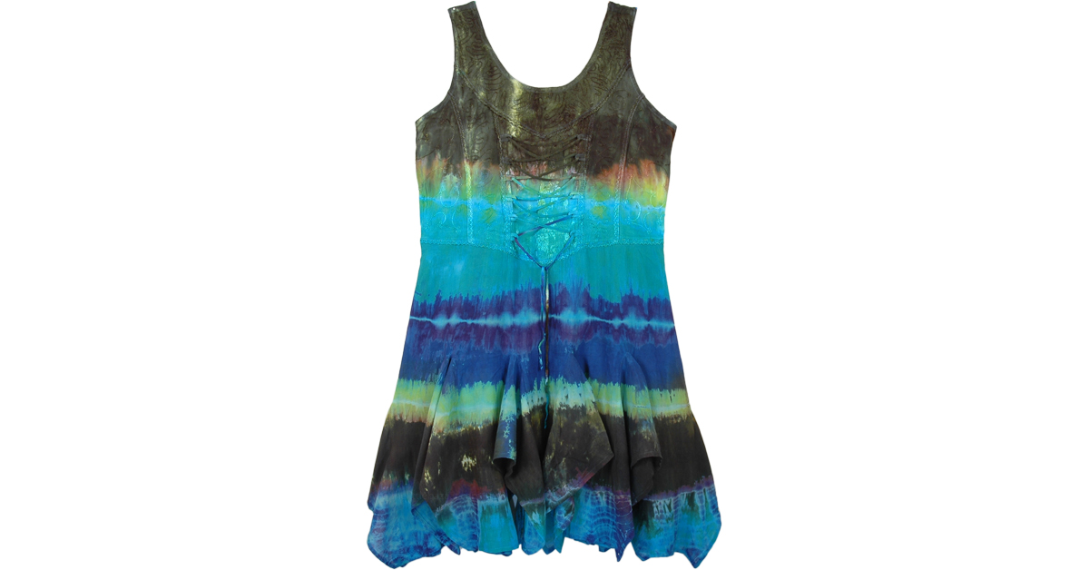 Tonal Blues Tie Dye Below The Knee Boho Dress in Rayon by TLB