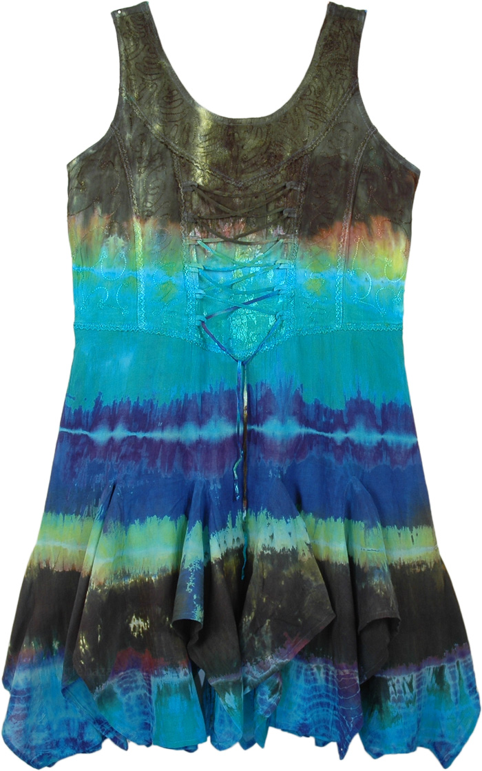 Handkerchief Hem Multiple Dyed Short Hippie Dress, Tonal Blues Tie Dye Short Sleeveless Boho Dress