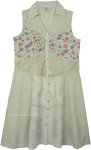 Olive Green Sleeveless Buttoned Shirt Dress with Embroidery