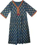 Traditional Blue Rayon Dress with Gold Leaf Motifs [7644]
