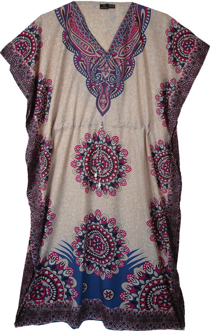 V-Neck Kaftan Dress with Pink and Blue Mandala Print