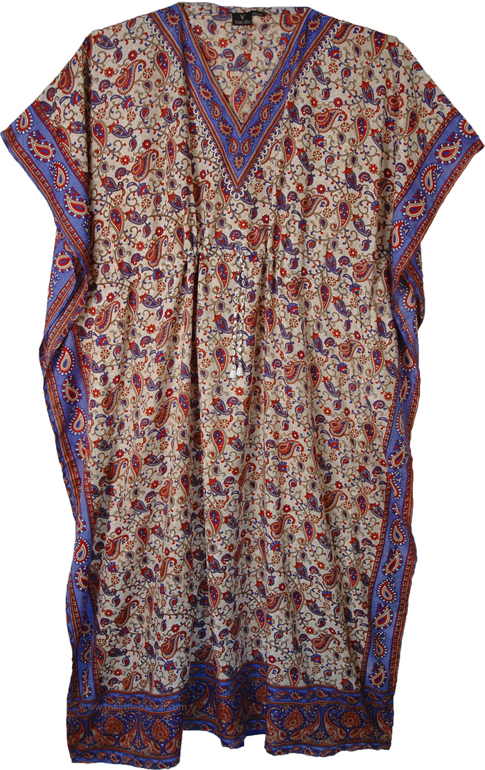 Beige Blue Paisley Bohemian Polyester Kaftan Dress