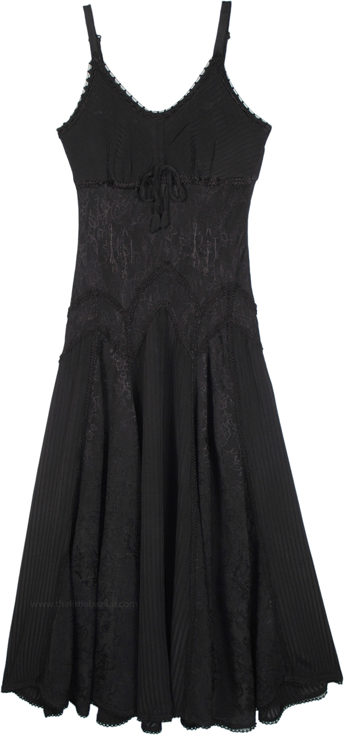 Midnight Black Renaissance Dress with Floral Embroidery