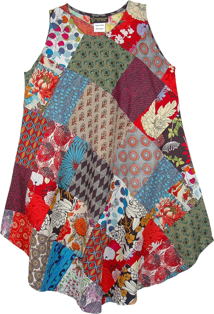 Indian Summer Sleeveless Dress with Multicolor Patchwork, Multicolored Printed Patchwork Sleeveless Summer Dress