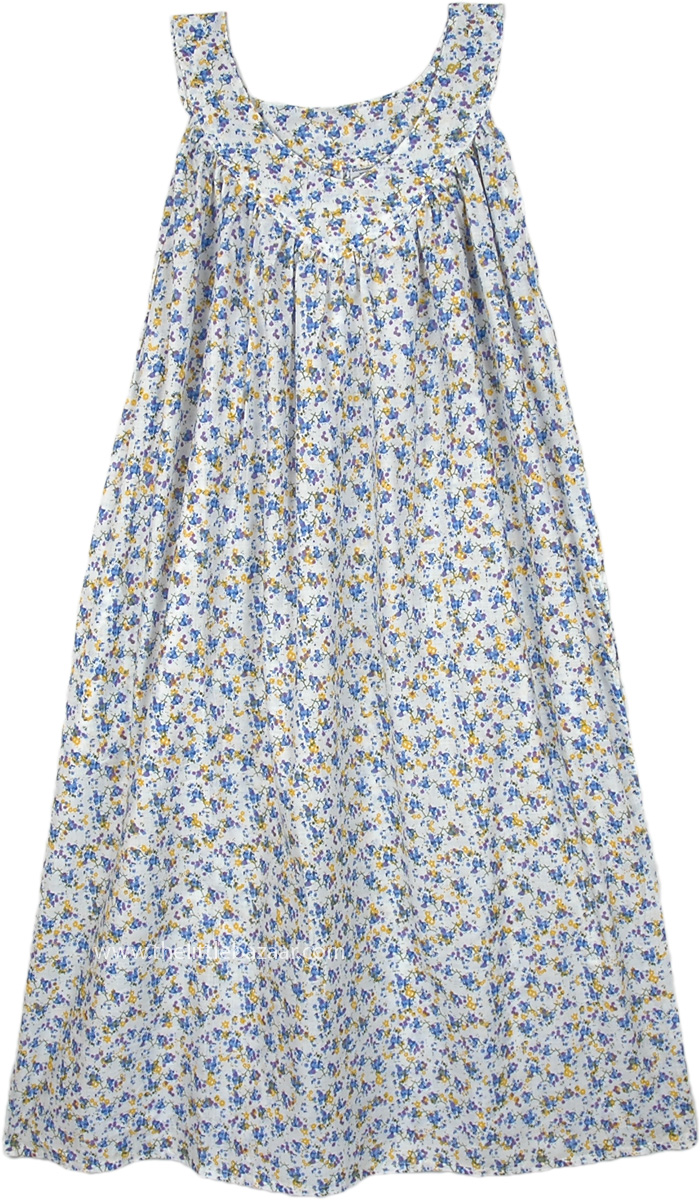 Blue Yellow Wildflower Printed Cotton Night Dress