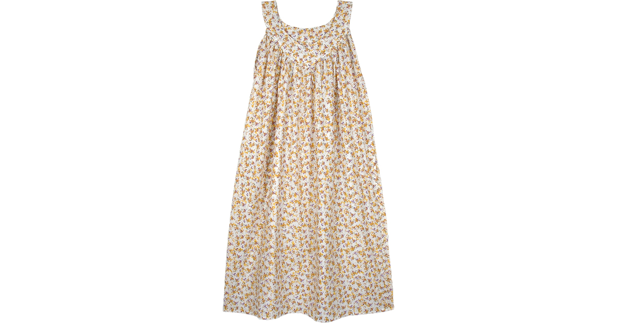 Summer Dress In Little Flower Design Cotton Stuff Yellow Color