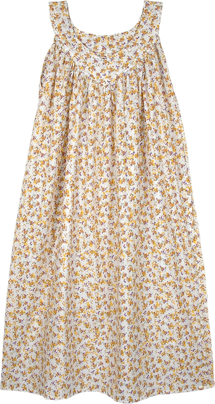 Flared Cotton Dress in White with Yellow Floral Print - Dresses - Sale ...