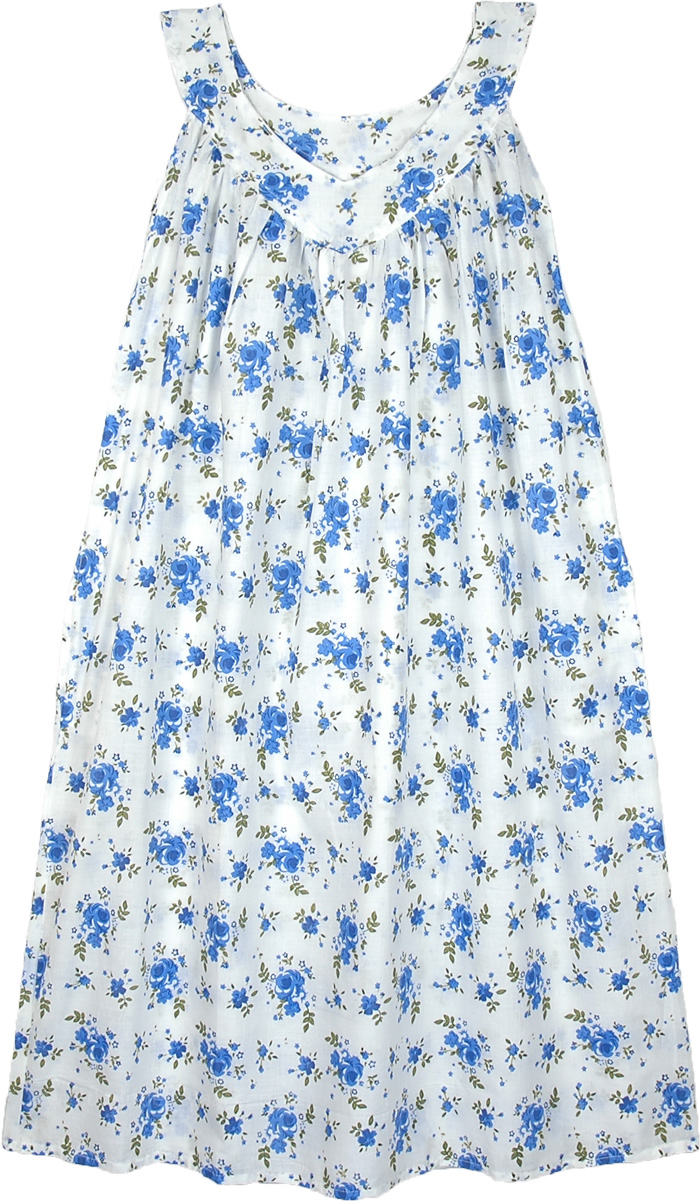 Blue White Printed Cotton Trapeze Dress