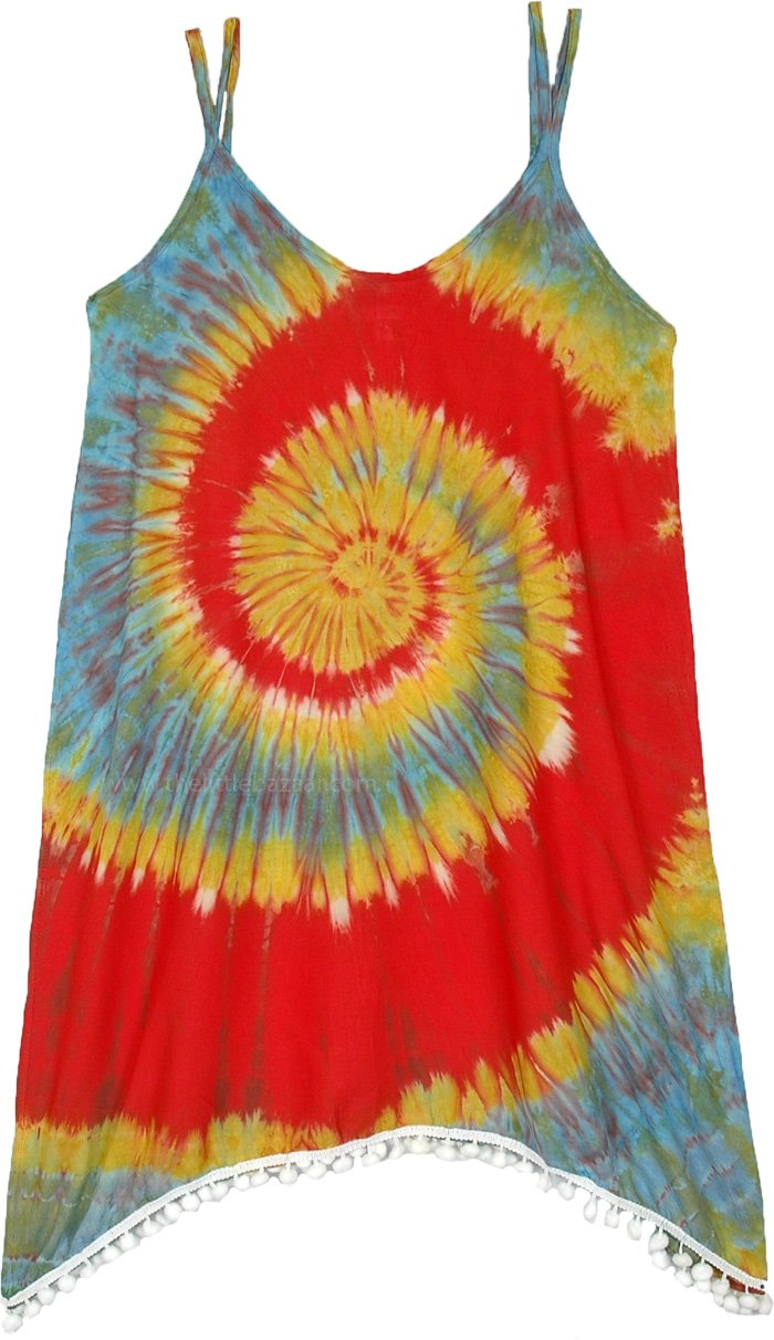 Stylish Hippie Red Tie Dye Dress  , Summer Rage Hippie Tie Dye Spiral Dress