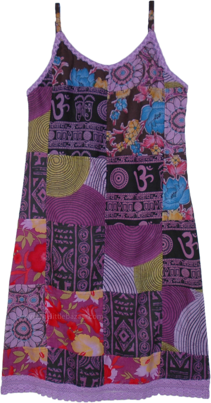 True Hippie Cotton Patchwork Sleeveless Dress in Purple