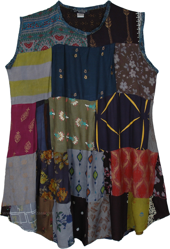 Patchwork Trapeze Midi Rayon Dress in Mixed Print