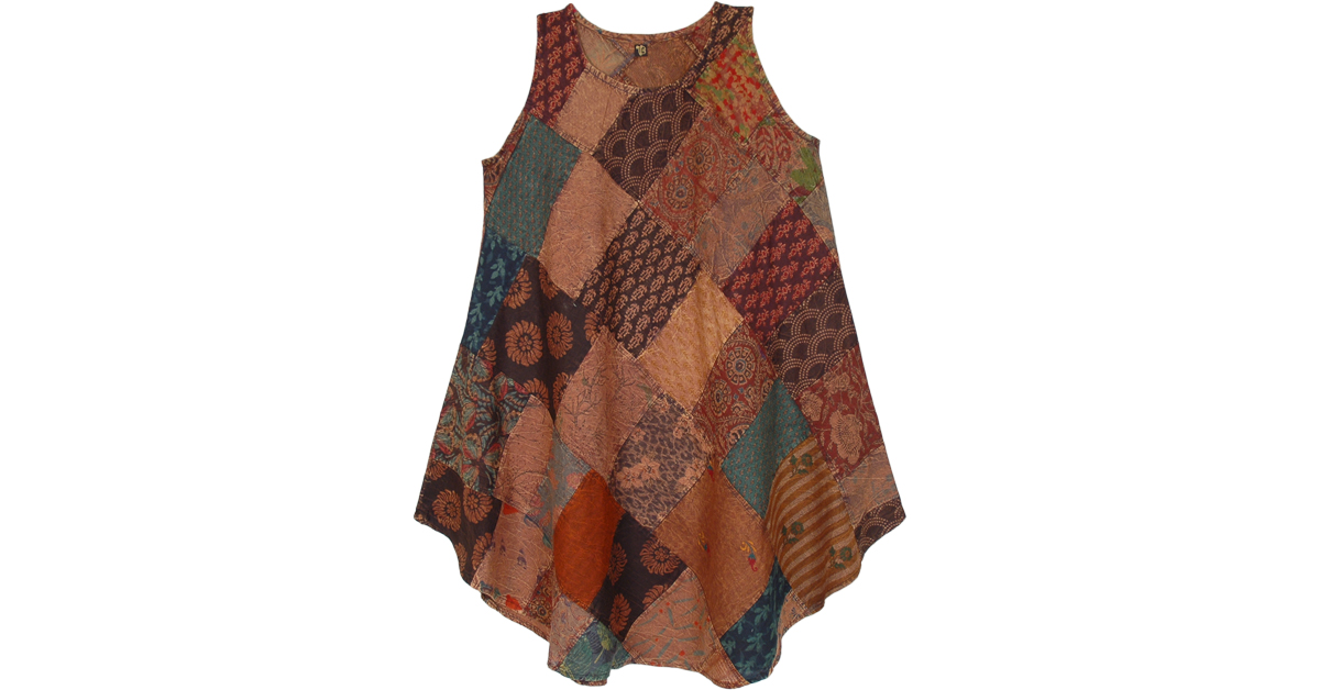 Dusky Brown Mixed Print Sleeveless Patchwork Dress in Cotton by TLB Dusky Brown Mixed Print Sleeveless Patchwork Dress in Cotton by TLB