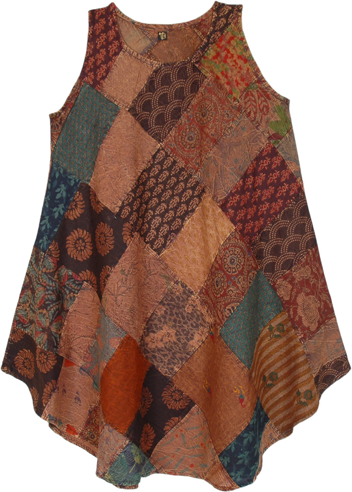 Dusky Brown Mixed Print Sleeveless Patchwork Dress