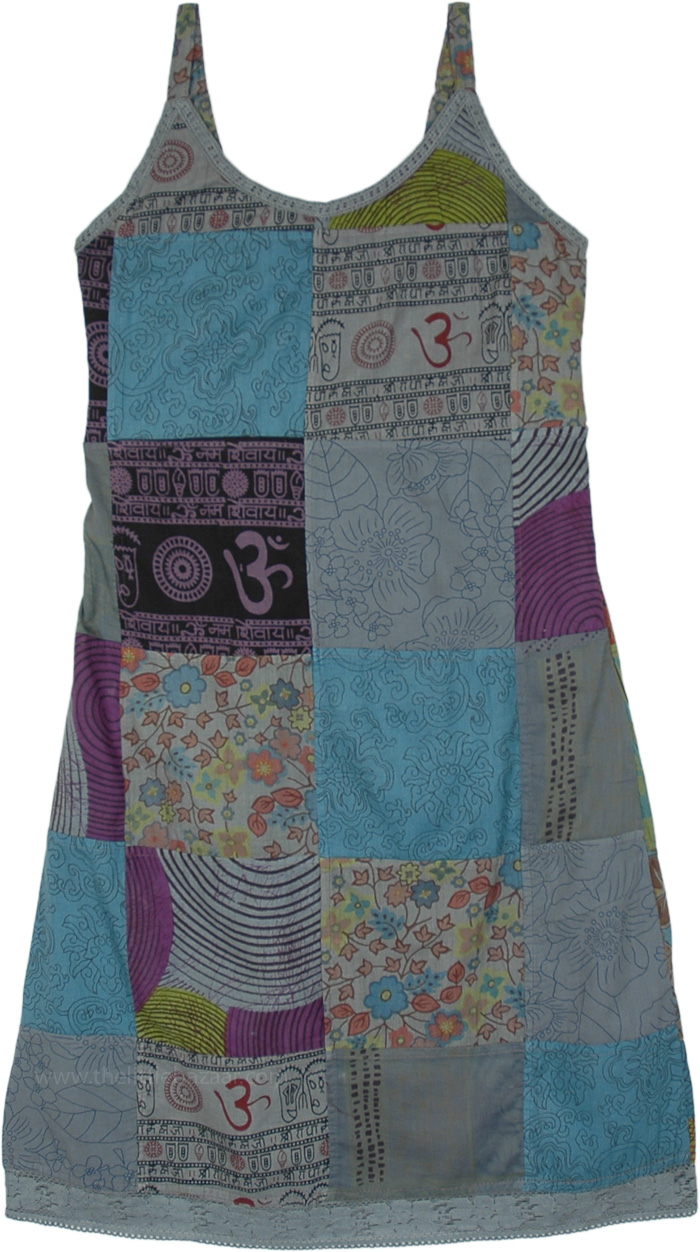 Steel Blue Grey Cotton Patchwork Hippie Sleeveless Dress