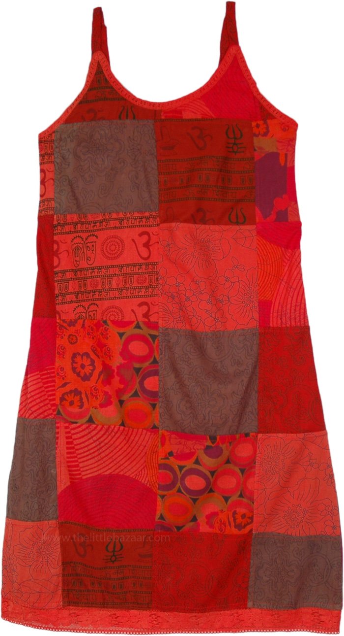 Red Night Cotton Patchwork Knee Length Hippie Dress