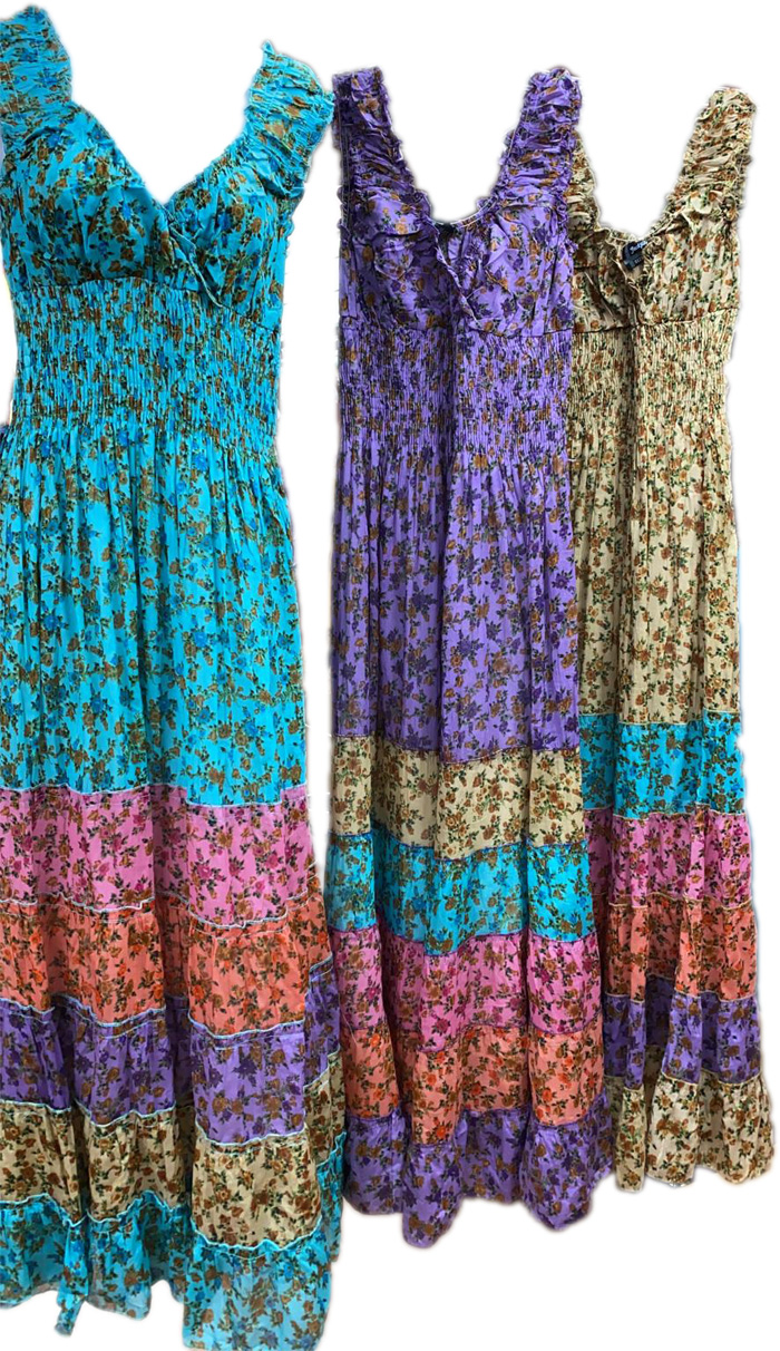 Sleeveless Beige Floral Tiered Cotton Long Dress