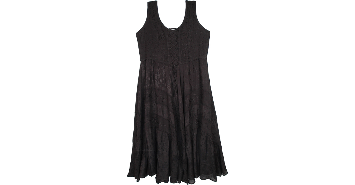 Black Renaissance Sleeveless Tank Dress with Heavy Embroidery in Rayon by TLB