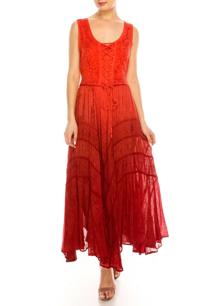 Peppy Red Ombre Rayon Tank Dress with Embroidery