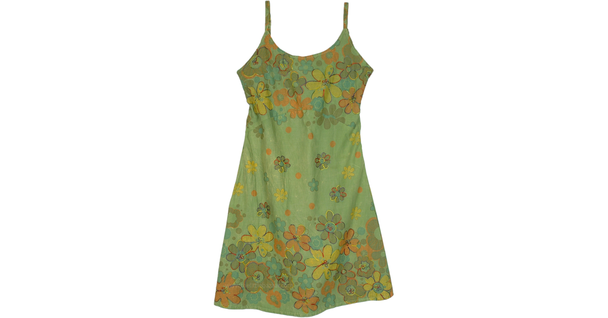 Herbs Green Floral Printed Summer Cotton Dress with Embroidery