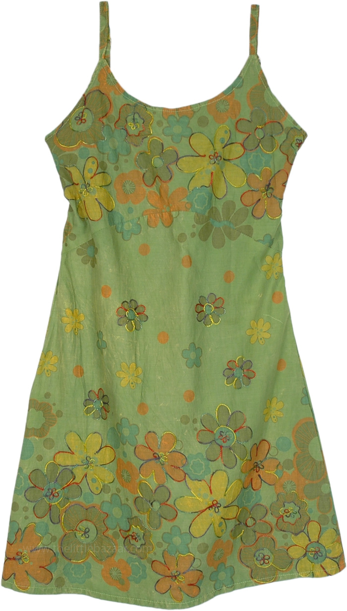 Herbs Green Floral Printed Summer Cotton Dress with Embroidery ...