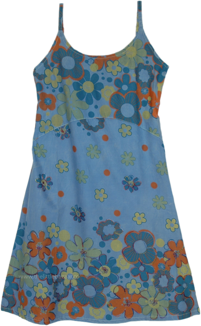 Blue Cotton Sleeveless Floral Sundress with Embroidery Details ...
