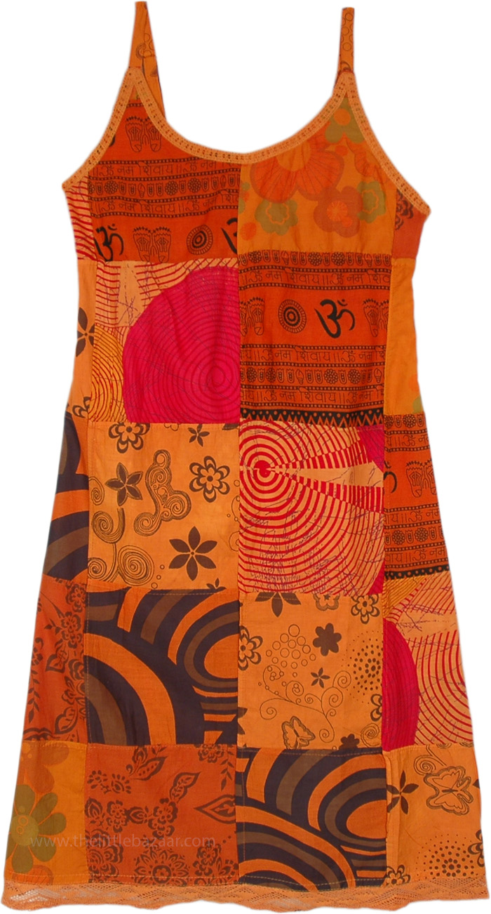 Sunrise Glow Summer Patchwork Hippie Dress, Dresses, Orange