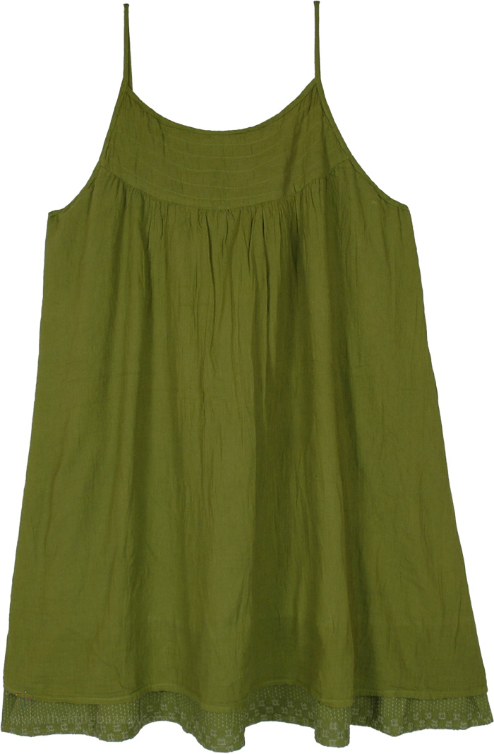 Olive Green Cotton Layered Mini Boho Slip Dress