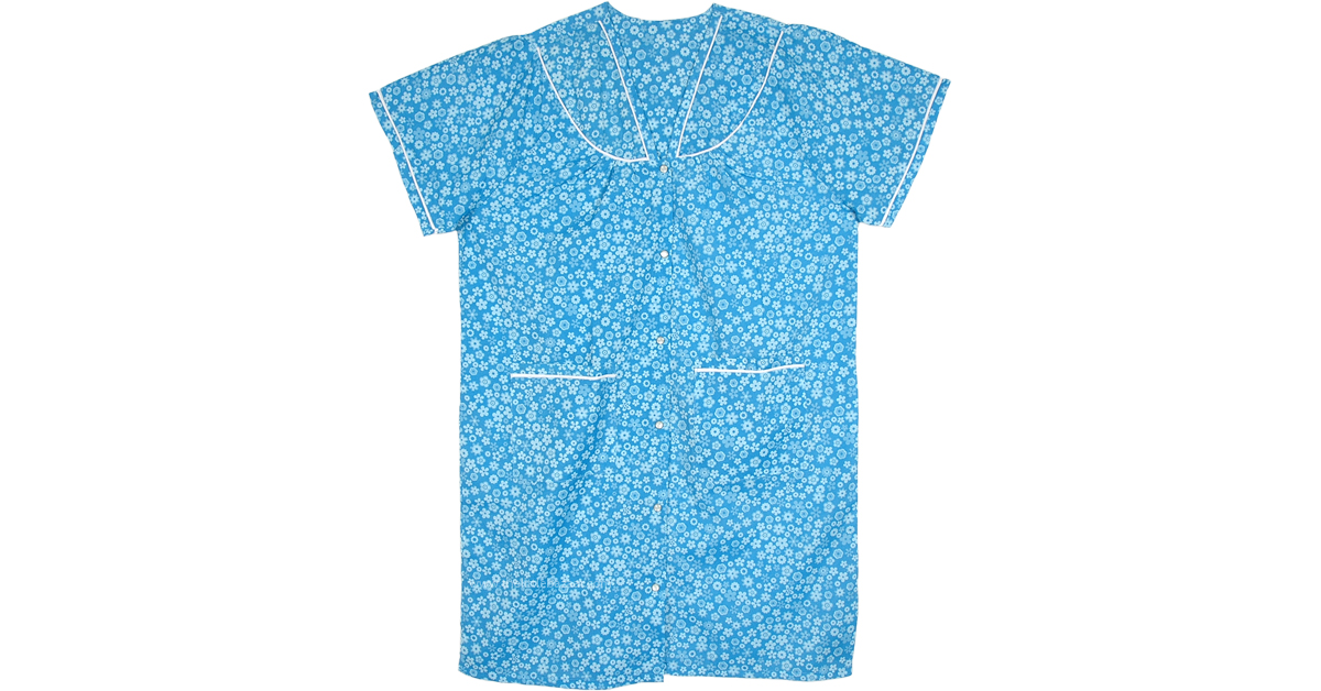 Floral Print Knee Length Ladies Duster Dress in Blue-XL in 55% Cotton by TLB