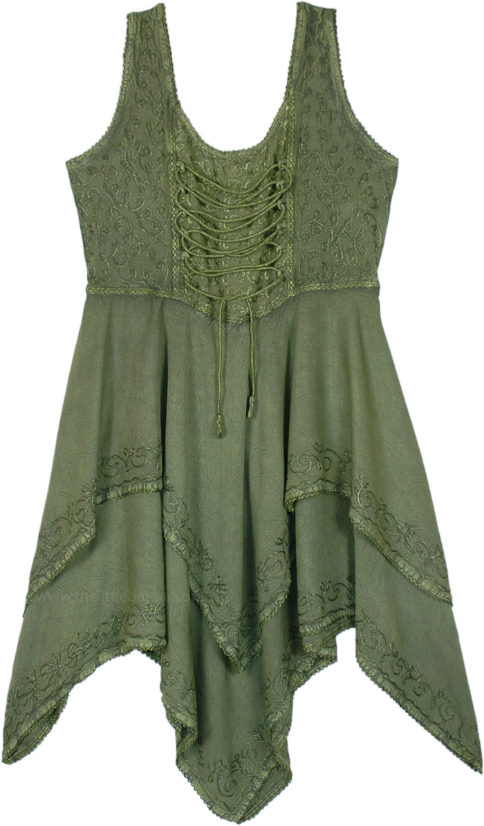 Vintage Green High Low Western Dress with Embroidery