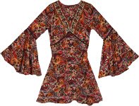 Fiery Goddess Short Dress with Printed Detail and Bell Sleeves