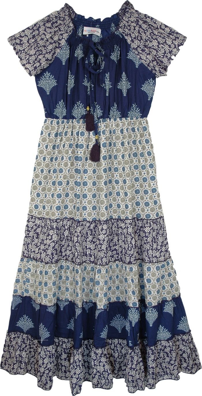 Blue Ivy Tiered Cotton Floral Midi Dress with Cap Sleeves