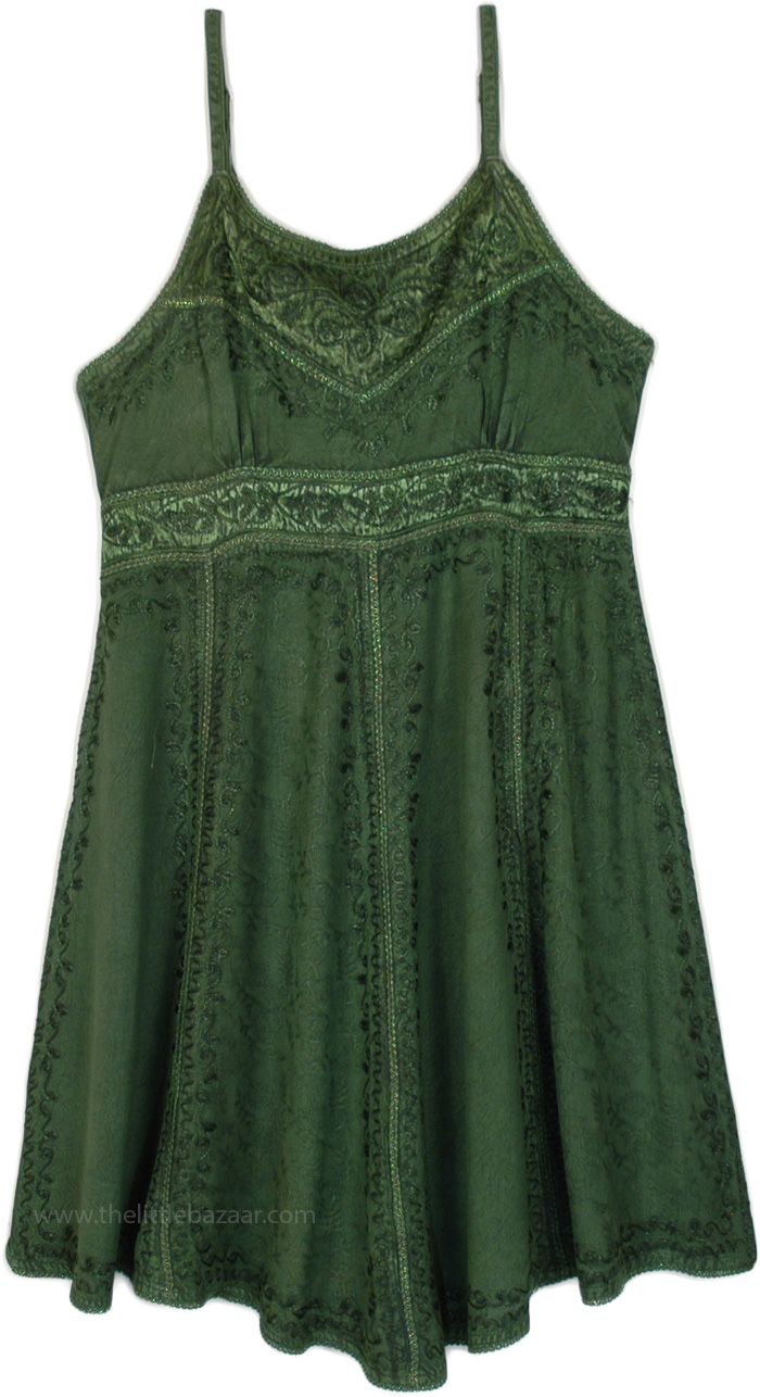 Olive Renaissance Vintage Embroidered Sleeveless Short Dress | Dresses ...