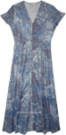 Blue Gray Paisley Button Up Cotton Long Dress