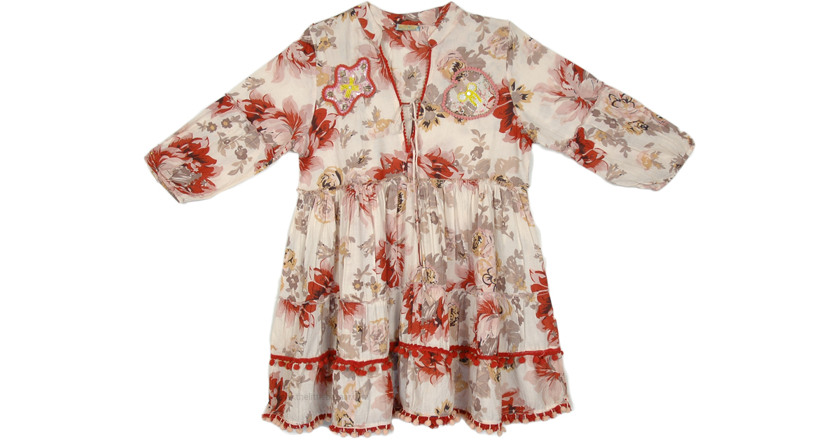 Cherry Blossom Printed Long Sleeve Dress | Dresses | Beige | Applique ...