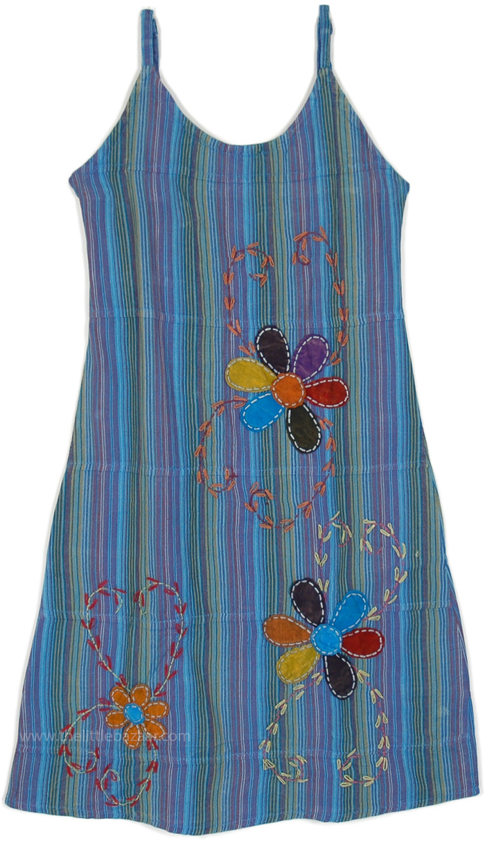 Blue Curacao Summer Dress with Floral Embroidery