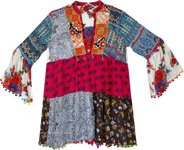 Festive Patchwork Bell Sleeve Tunic Dress