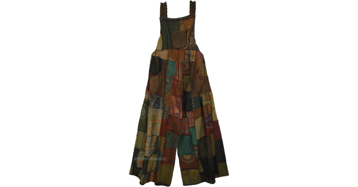 Brown Patchwork Wide Leg Bohemian Jumpsuit Dresses Multicoloured