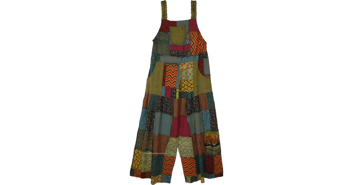Green Bean Patchwork Hippie Soft Cotton Overalls Dresses Green