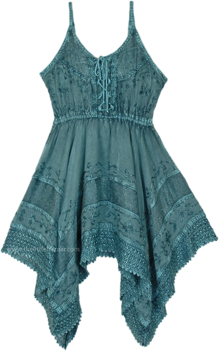 Teal Embroidery Short Western Dress