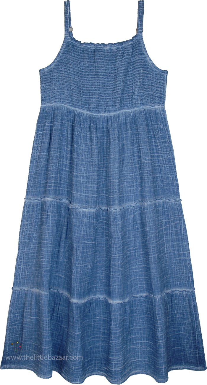 Crinkled Blue Washed Cotton Tiered Summer Dress