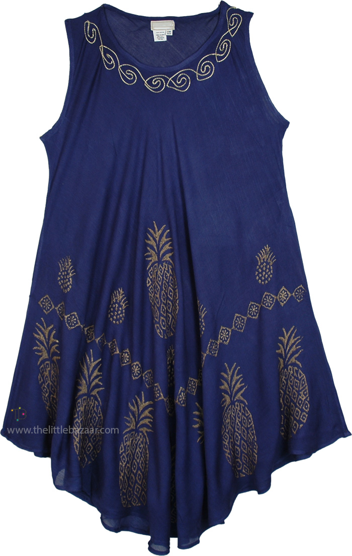 Golden Pineapple Beach Dress in Denim Blue
