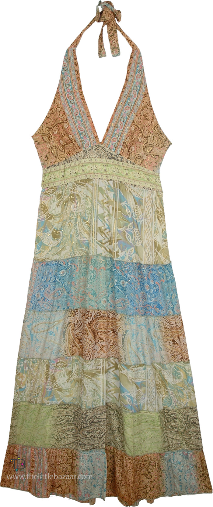 Seaside Breeze Patchwork Tiered Halter Neck Maxi Dress